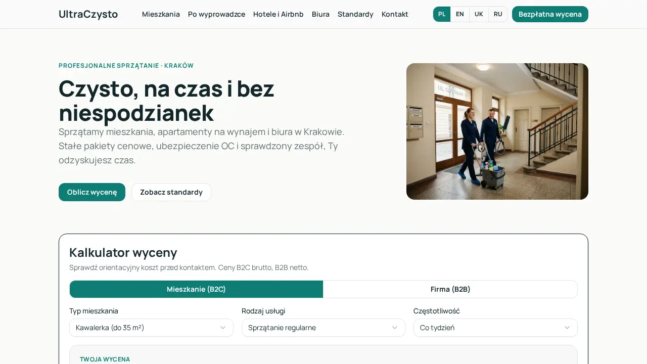 Screenshot of UltraCzysto cleaning service homepage in Krak贸w